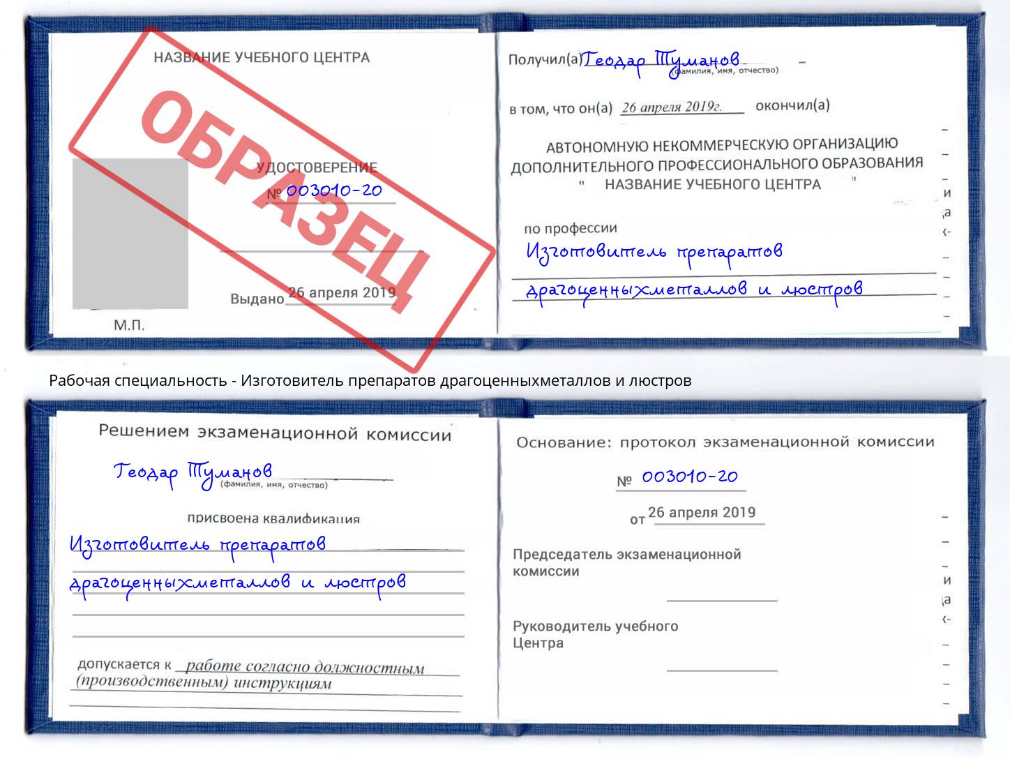 Изготовитель препаратов драгоценныхметаллов и люстров Урюпинск