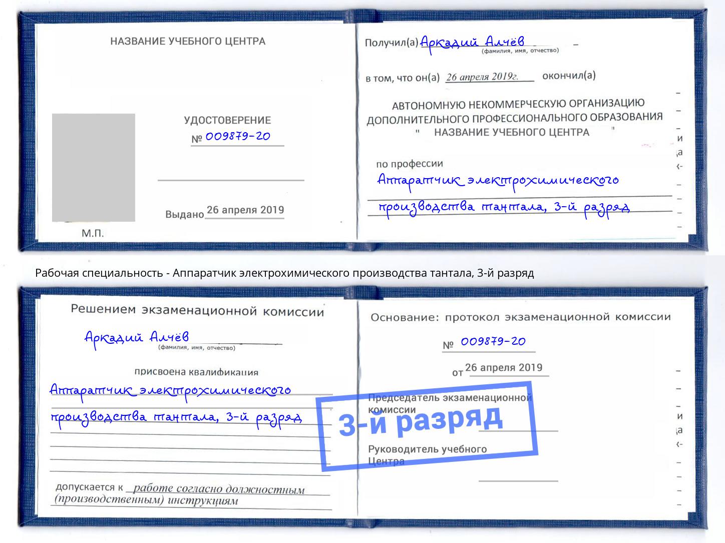 корочка 3-й разряд Аппаратчик электрохимического производства тантала Урюпинск