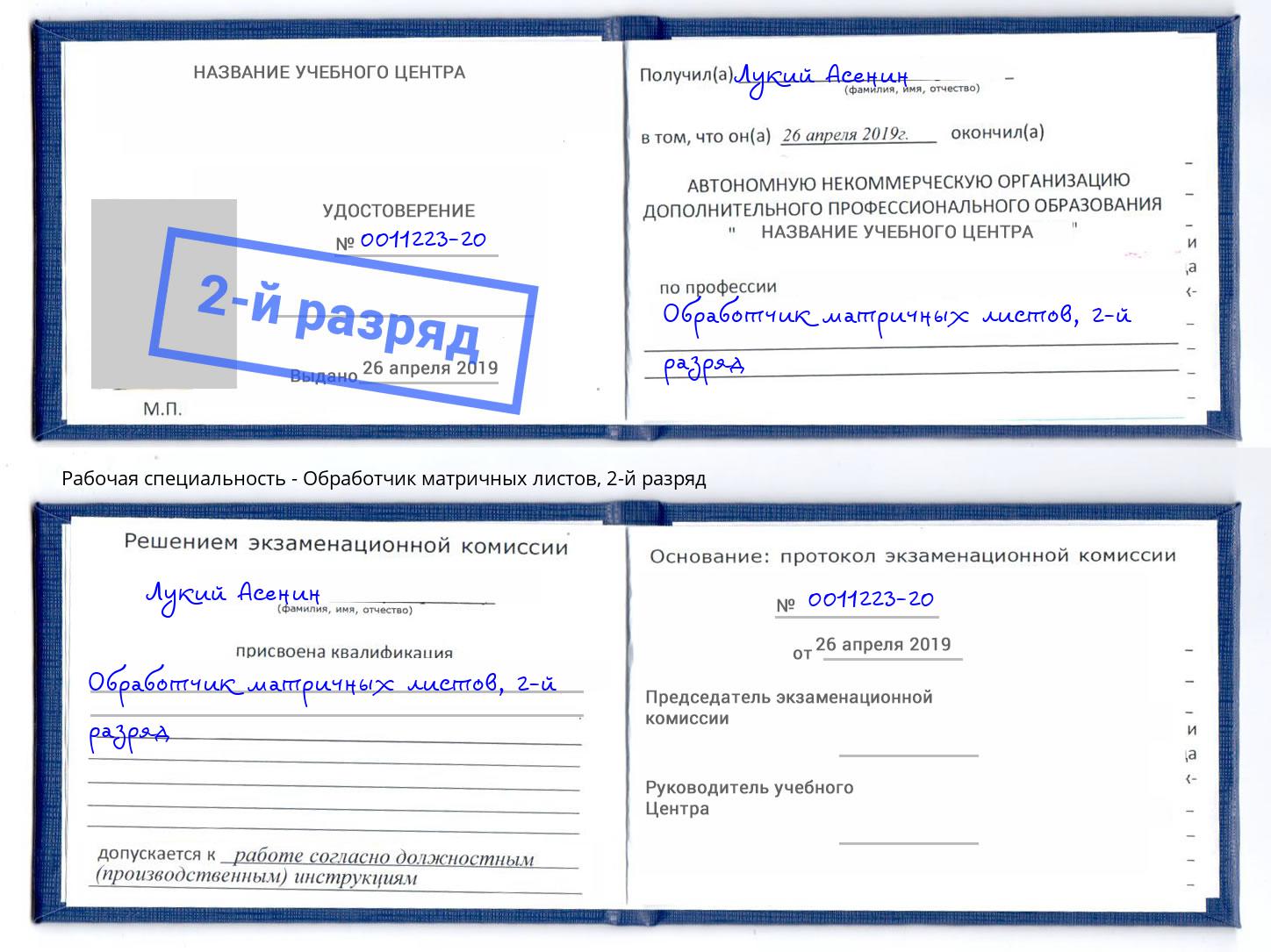 корочка 2-й разряд Обработчик матричных листов Урюпинск