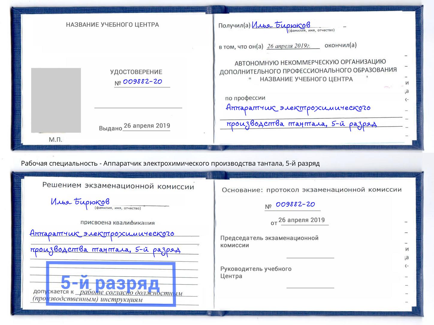корочка 5-й разряд Аппаратчик электрохимического производства тантала Урюпинск